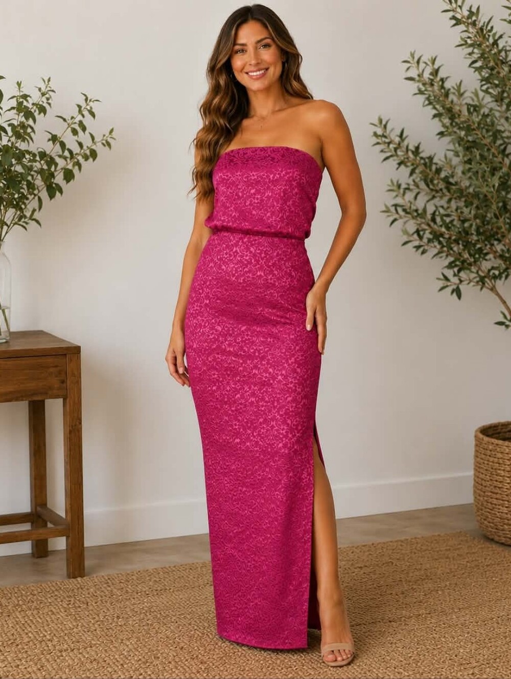 Vici Strapless Hot Pink Lace Jacquard Gown